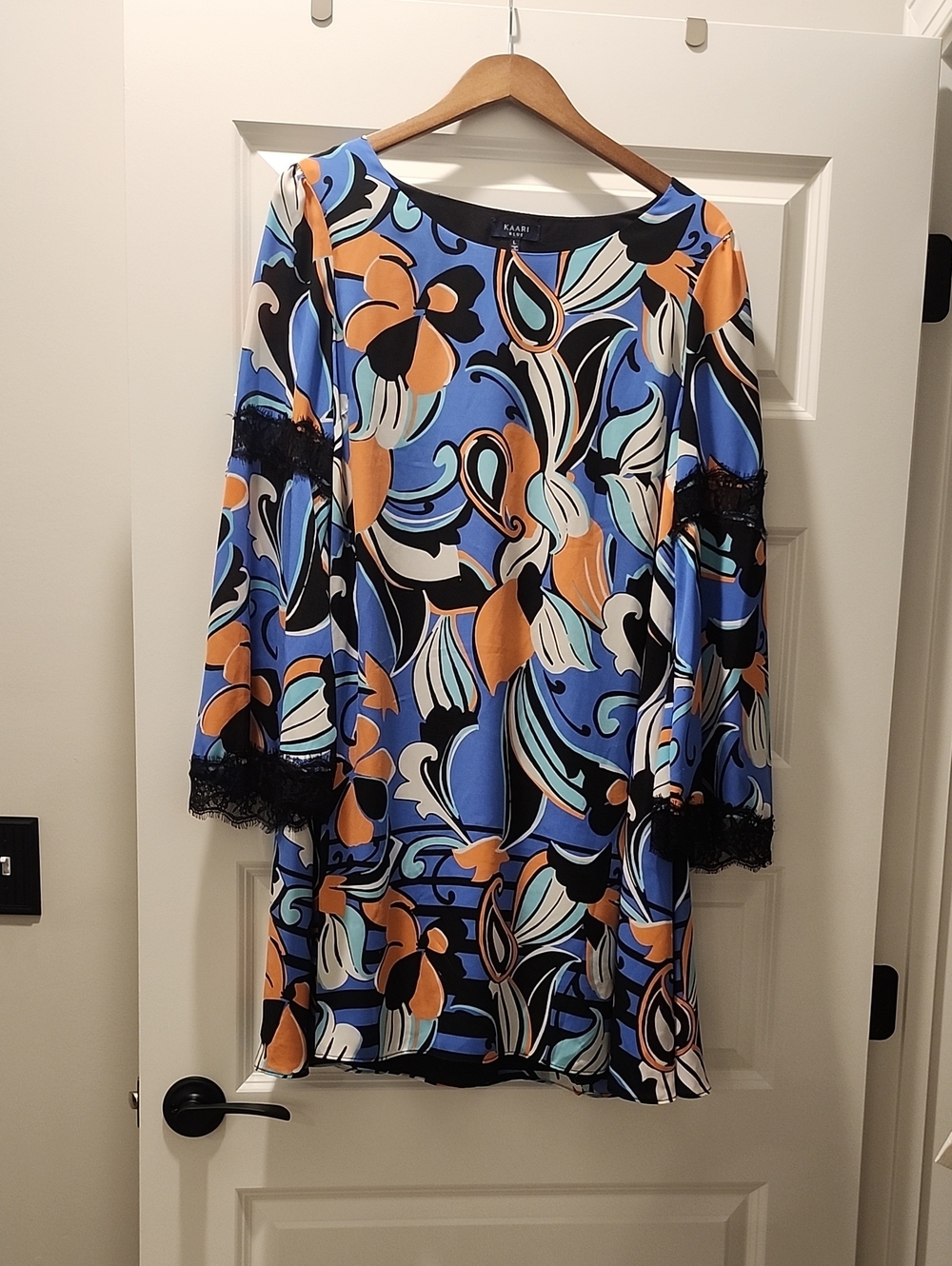Karl Lagerfeld Blue, Orange & Black Floral Mini Dress with Lace Cuffs
